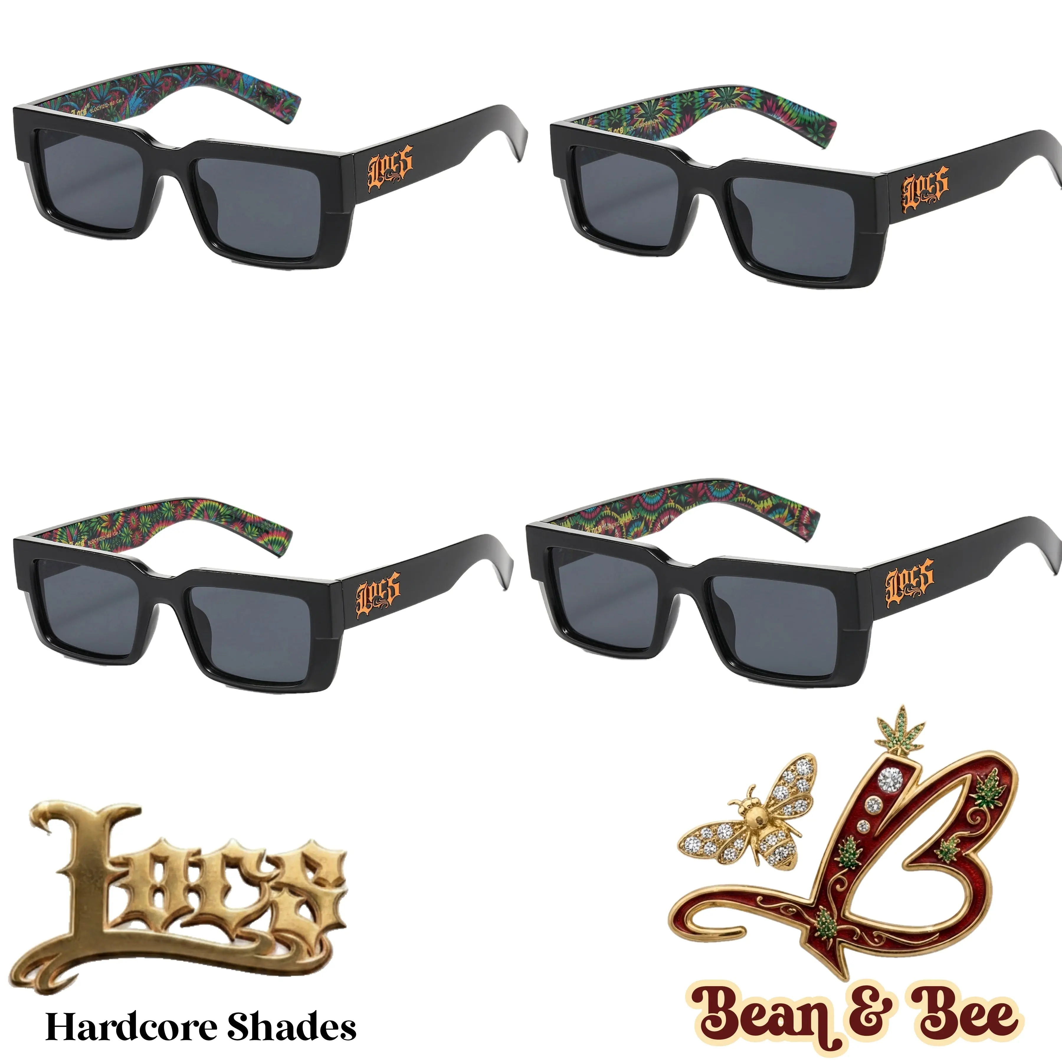 LOCS Midnight Toker Hardcore Shades – Thick Glossy Black Rectangle Sunglasses w/ Psychedelic Inner Temple Leaf Graphic & Gothic Logo Outer Temple OG Gangsta Cholo Biker Street OG Gangsta Modern Classic Style | Genuine Authentic Locs
