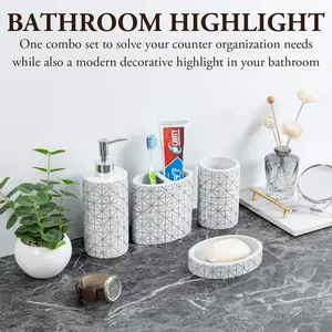 Gray Resin Vanity Set with Geometric Embossed Design, Liquid Soap Dispenser, Toothbrush Holder, Tumbler Cup, Soap Dish