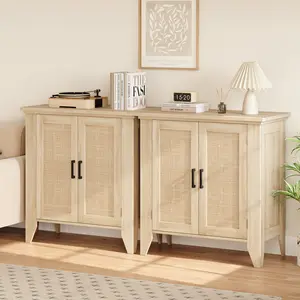 Rattan Storage Cabinet with Doors and Shelves, Sideboard Entryway Console Cabinet, Wood Furniture with Storage for Kitchen and Entryway