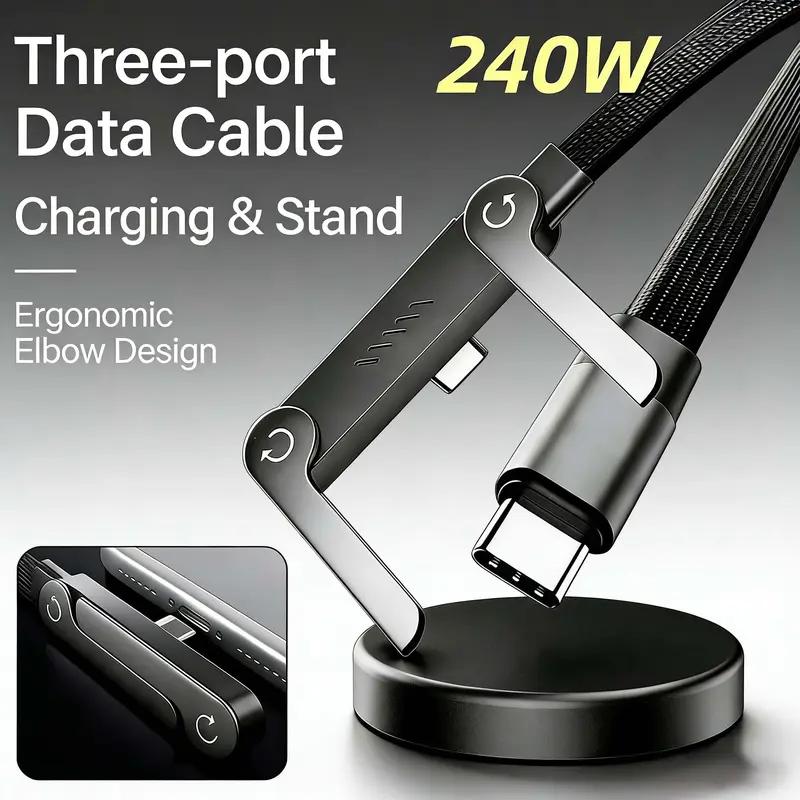 Invisible Holder Charger Cable, 240W PD Fast Charging Cable for Desk, USB-C to USB-C Cable with USB-A to USB-C Adapter with 360° Adjustable Metal Stand, 2 in 1 Holder Charger for Gaming, Office, Home
