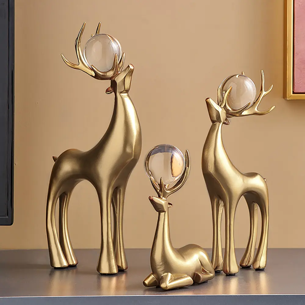 Homary 3-Piece Modern Gold Resin Crystal-Accented Reindeer Sculpture Set - Resin Animal Ornaments, Animal Decorations, Novelty Decorative Accents Statues, Figurines, Statues & Bobbleheads for Living Room Christmas Holiday Decor