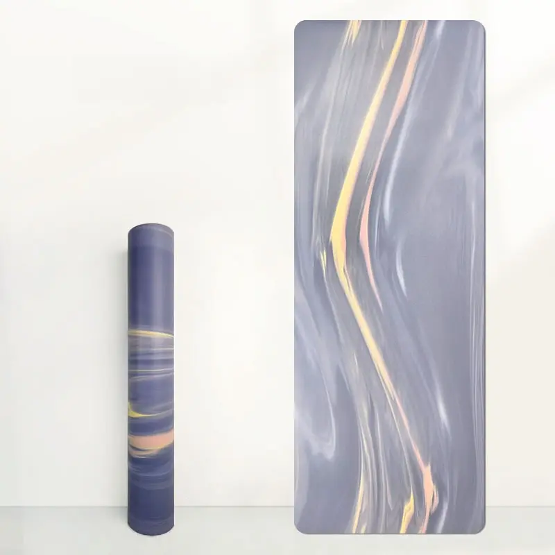 Natural Rubber Yoga Mat, Color Contrast Flowing Grain, Coconut Shell Matte Surface, Non-Slip, Sweat-Wicking, Wear Resistant, Shock Absorbing Professional Workout Mat with Free Carry Strap
