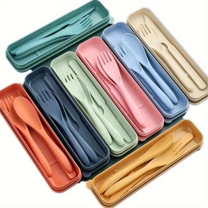 YYW1 3 In 1 Camping Utensil Set - Reusable Utensils with Case, Spoons, Tableware & Travel Utensils in Beige Color Kitchenware Box Silicone