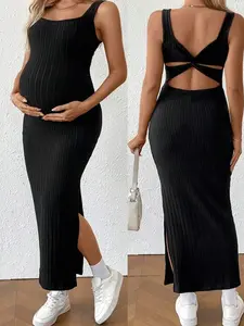 Maternity Beach Dress Solid Color Back Twist Sleeveless Fitted Casual