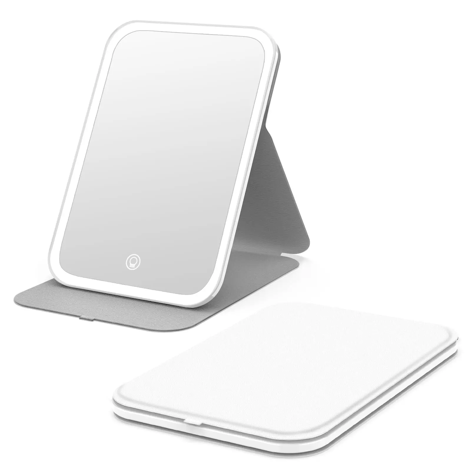 Travel LED Makeup Mirror, Portable Folding Lighted Vanity Mirror, 60 LEDs, 3 Color Dimmable, Rechargeable Tabletop Mirror, 360° Rotation Touch Control