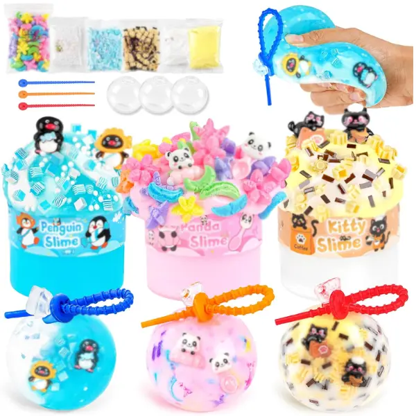 Slime Squishy Stress Ball Kit, 3 Pack Glossy Jelly & Crunchy Slime with 3 TPR Balloons and Add-ins, Non-Sticky Sensory Toys, Party Favors Birthday Goodie Bag Stuffers for Kids & Adults