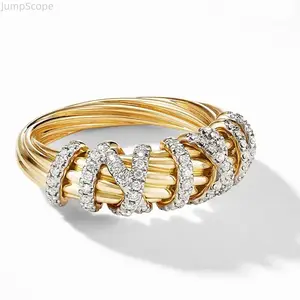 Bohemian Interlocking Band Ring, Golden Twisted Rope Statement Ring With Sparkling Rhinestone Accents, Durable Fashion Finger Jewelry For Women Daily & Special Occasions