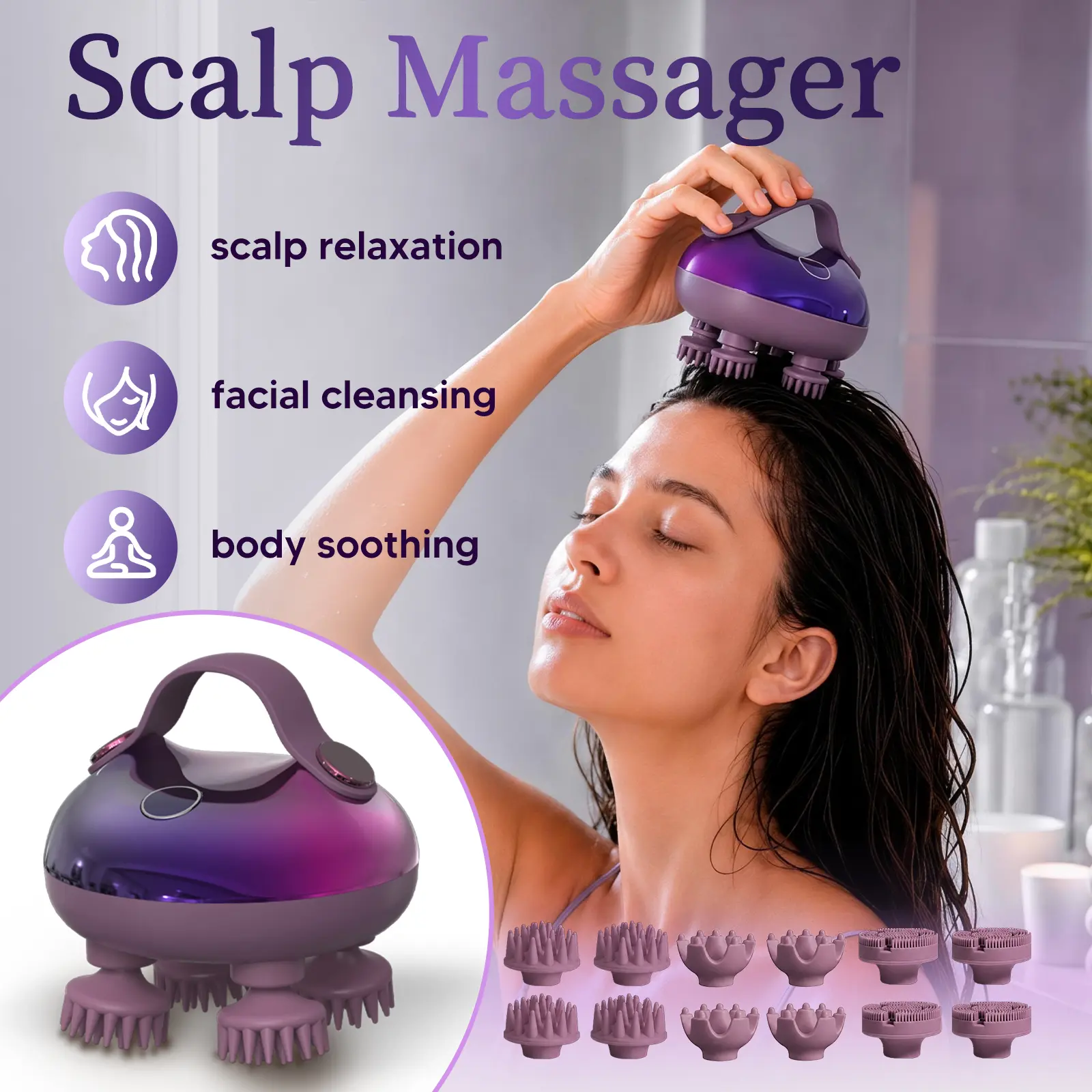 arboleaf 3-in-1 Electric Scalp Massager, IPX7 Waterproof Wet & Dry Head Massager with Interchangeable Heads for Scalp, Face & Body Care,Aurora Amethyst Purple