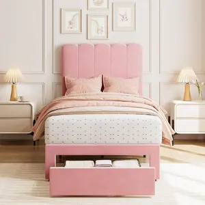 Twin Bed Frame with Under-Bed Drawer, Pink Velvet Upholstered Platform Bed with Wave Headboard for Kids/Girls, Wooden Slats Support, No Box Spring Needed, Pink