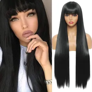 34 Inch Super Long Straight Hair Wigs with Bangs None Lace Front Wigs Machine Made straight Wig for Women Natural Color Cosplay