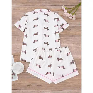 Women's All Over Dachshund Print Shirt & Elastic Waist Shorts Pyjama Two-piece Set, Casual Comfy Short Sleeve Collared Top & Shorts PJ Set, Ladies Sleepwear for All Seasons, Loungewear, Pajama Set, Pajamas soft women