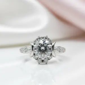 14k White Gold Crescent Moon Ring with 1.0 Ct Round Cut Grey Diamond Option