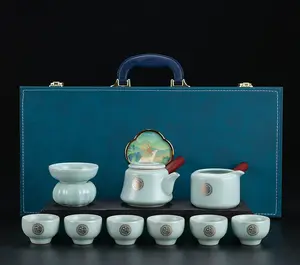Golden Fortune Ru Kiln Tea Set 10pcs Elegant Ceramic Teapot & Cups in Blue Leather Case Perfect for Tea Enthusiasts