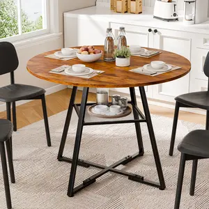 【2-Tier Storage Round Dining Table】Heavy Duty Kitchen Table for 4-6 People, Circular Table with Shelf, 220 lbs Desktop Capacity, Carbon Steel Frame, Adjustable Foot Pads for Any Floor, Easy Assembly