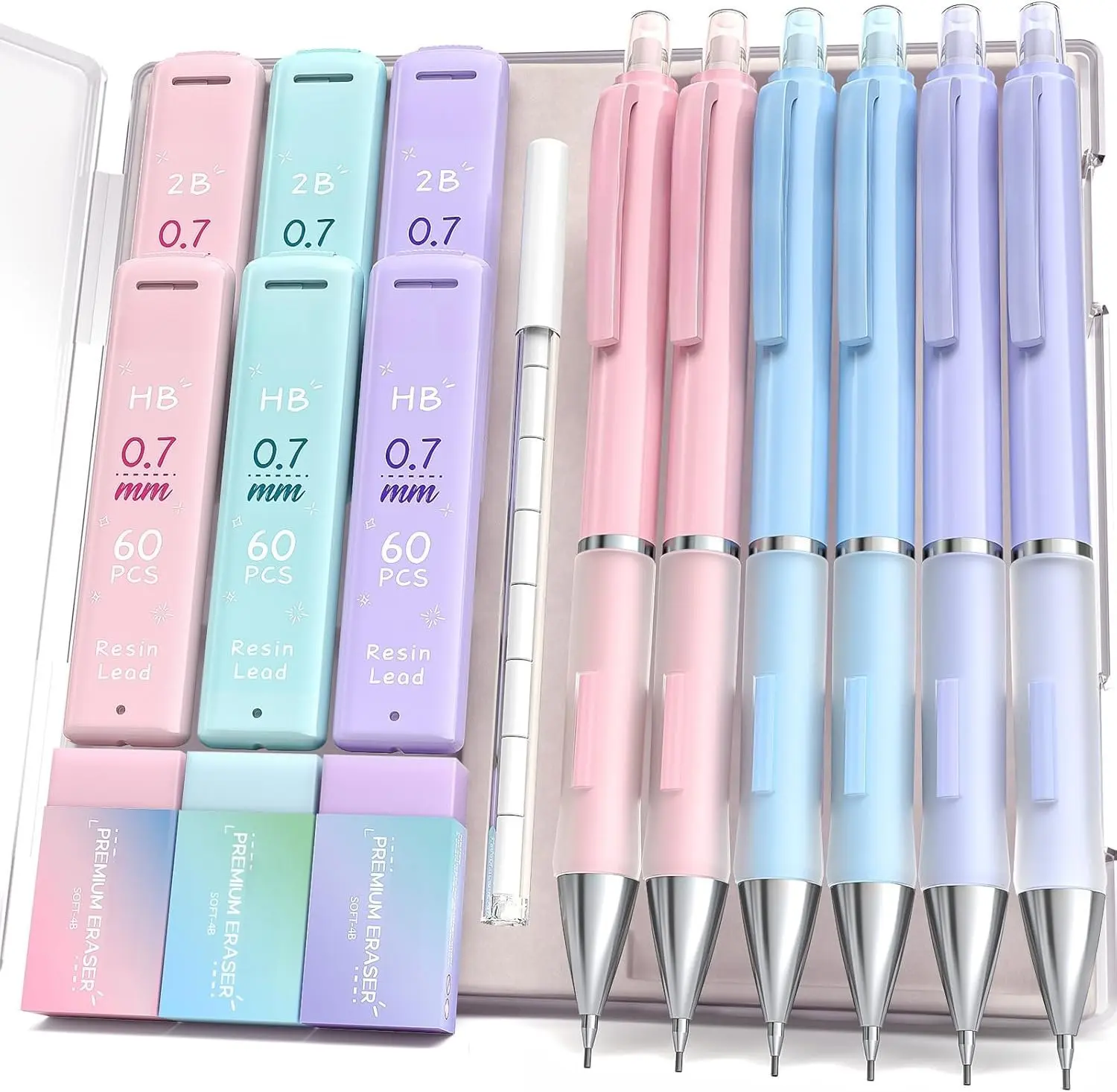 0.7mm Mechanical Pencil Set - 6 count Cute Pencils with 360 count HB & 2B Lead Refills, 3 count Pastel Erasers and 9 count Eraser Refills, Aesthetic School Supplies for Student Writing Drawing