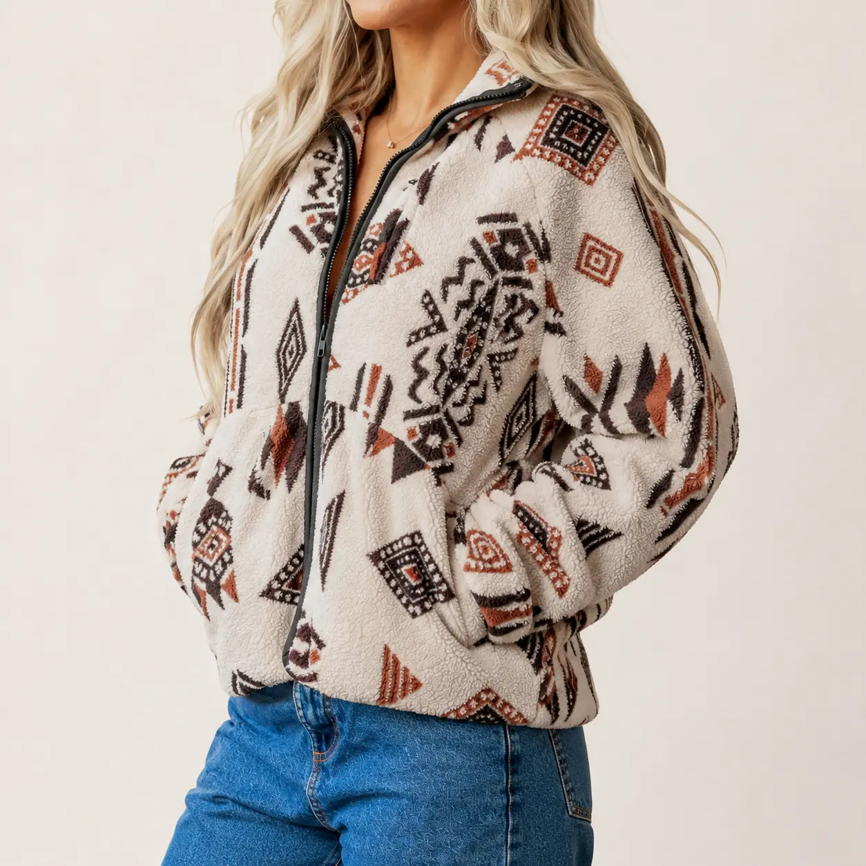 PHEFEE Women's Aztec Geometric Print Fleece Jacket Winter Warm Long Sleeve Zip Up Sherpa Coat Western Boho Casual Outerwear with Pockets