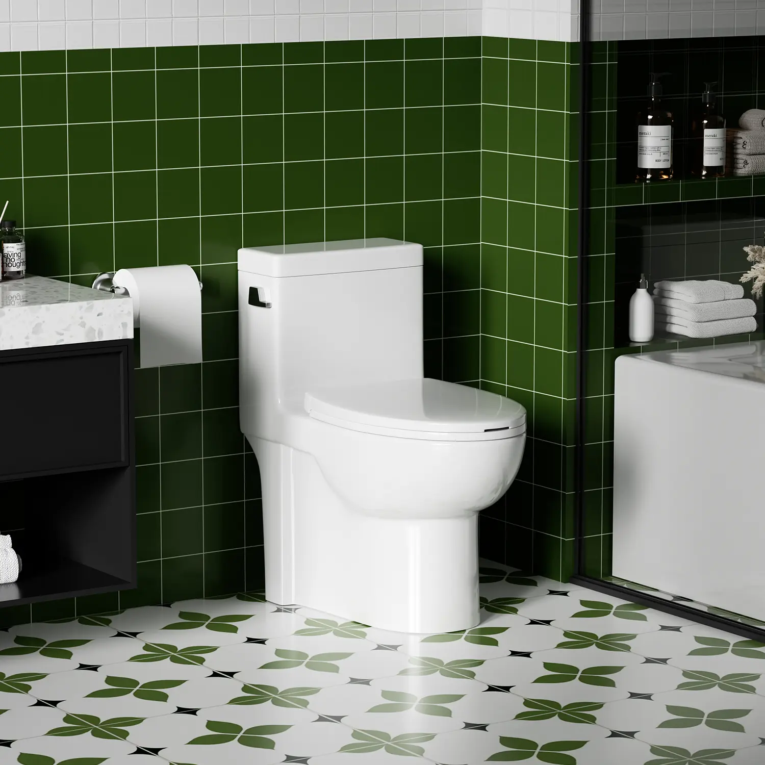 Elongated One-Piece Toilet with Tornado Flush, 1.28 GPF Siphonic Single Flush, 17-Inch ADA Comfort Height, Soft-Close Seat, 1000g MAP Score, Gloss White