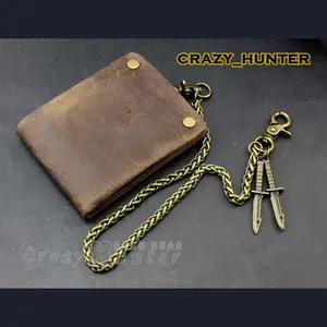 Popular Vintage Cowhide Genuine Leather Card Holder Wallet With chain