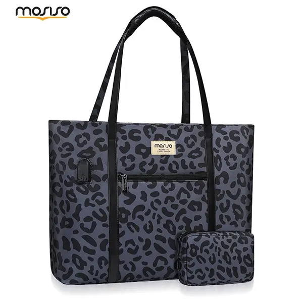 MOSISO Women's Chic Synthetic Leopard Print PU Leather Laptop Tote Messenger Bag - 17.3 in, USB Charger, Pouch, Adjustable Strap, Padded Compartment, Built-in Organizer, 18.7 x 12.6 x 4.53 in, Fits HP Envy/HP Pavilion, for Adult Casual Work Travel, 18.7 X