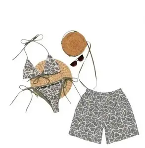 2 Piece Camo Bikini Set with Matching Beach Shorts, Sexy Triangle Swim Bra & Adjustable Tie Side Bikini, Stylish Camouflage Travel Outfits