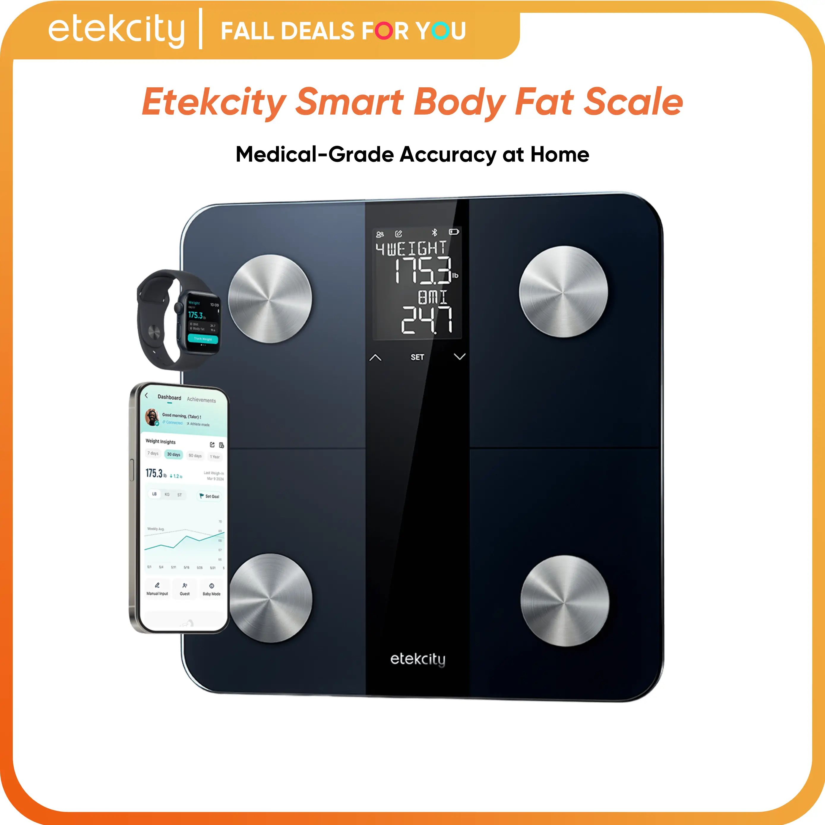 Etekcity Smart Body Weight Scale, High Accuracy with Large Display Bathroom Digital Weighing Scale with BMI, Body Fat, Muscle Mass Healthcare Fit