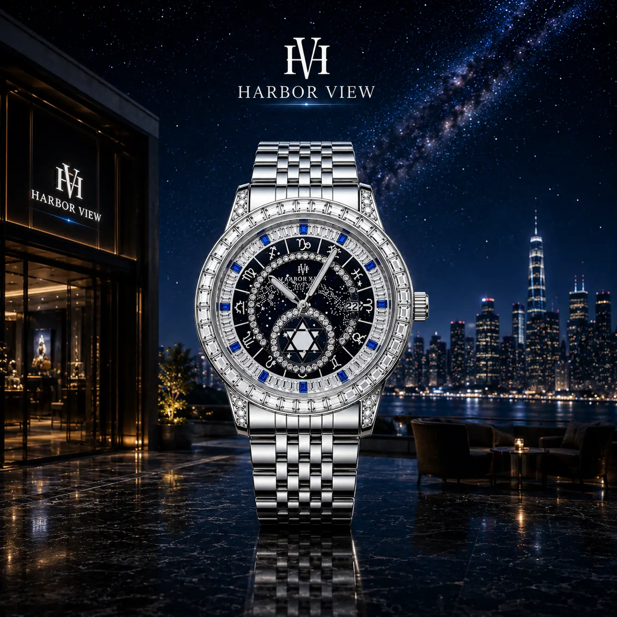 HARBOR VIEW Men's Constellation Zodiac Luxury Dress Watch - 42mm Stainless Steel Case with Luminous Elegant Analog Dial, Diamond Markers & Quartz Movement, Analog Quartz Movement, Luminous Analog Watch