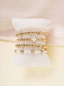 5pcs Trendy Pearl Bracelet Set, Stackable Cross Beaded Bracelets for Women, Perfect Easter & Mother’s Day Gift, Stylish Jewelry Accessories