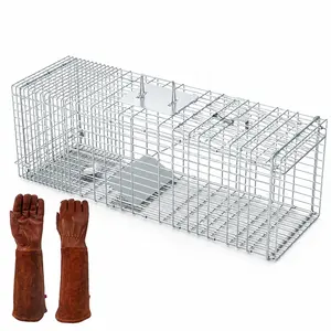 Humane cat cage with gloves, can capture and release live animals; suitable for raccoons, otters, ground squirrels, foxes, and mink; foldable zinc iron wire cage. bunny hutch