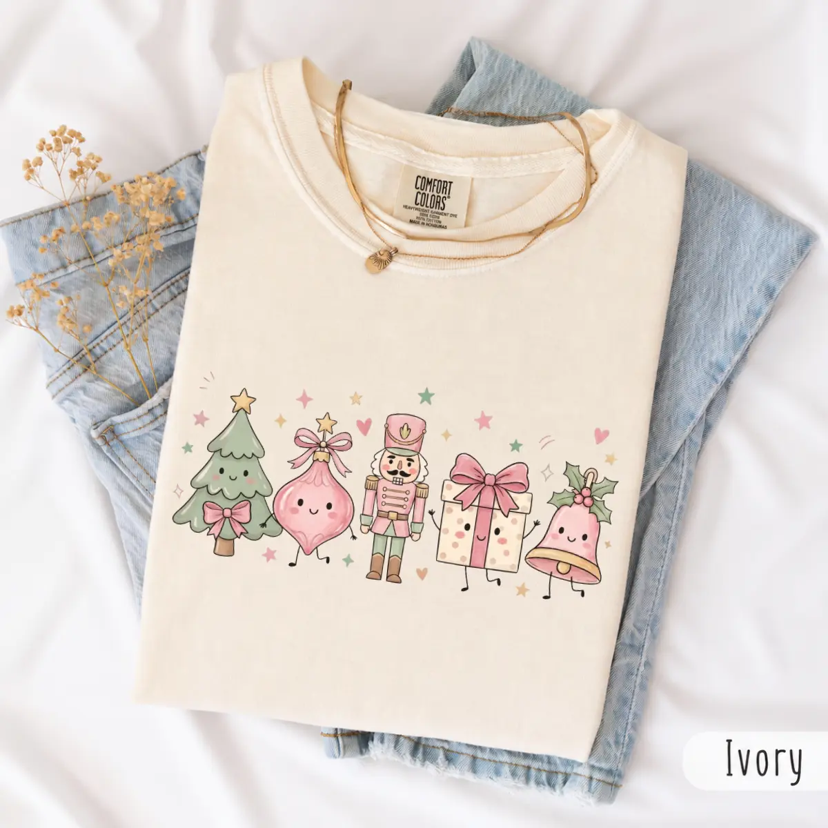 Comfort Colors Coquette Christmas Doodles Shirt, Cute Pink Bow Holiday Characters Tee, Nutcracker Ornament Gift Bell Graphic, Girly Pastel Christmas Shirt