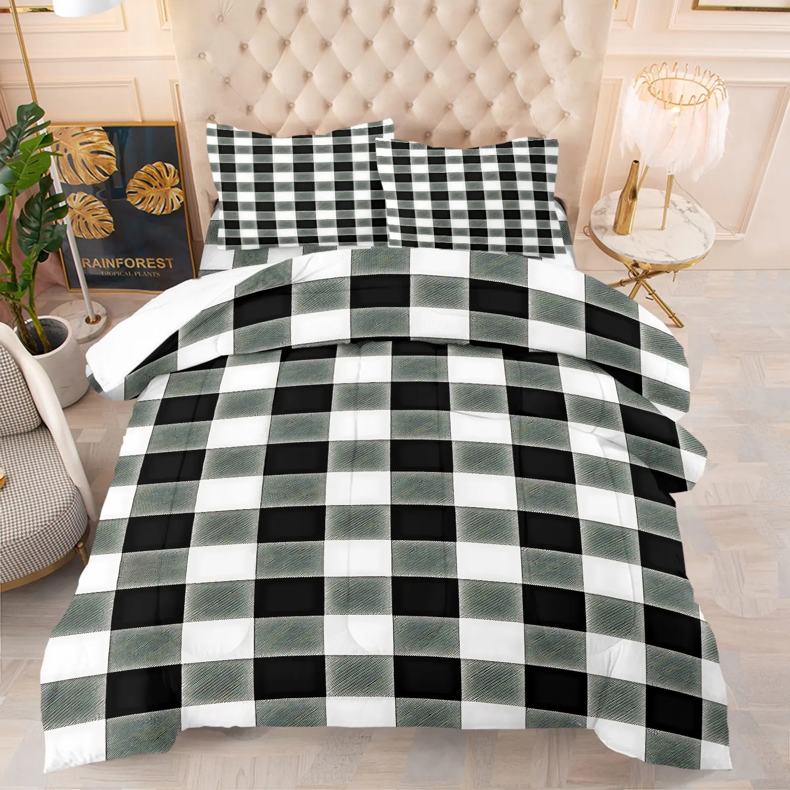 Luxury Black White Buffalo Plaid Comforter Set, Include One Quilt Core and 1/2 Pillowcases, Breathable All-Season Bedding, Medium Thickness