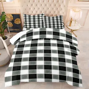 Luxury Black White Buffalo Plaid Comforter Set, Include One Quilt Core and 1/2 Pillowcases, Breathable All-Season Bedding, Medium Thickness