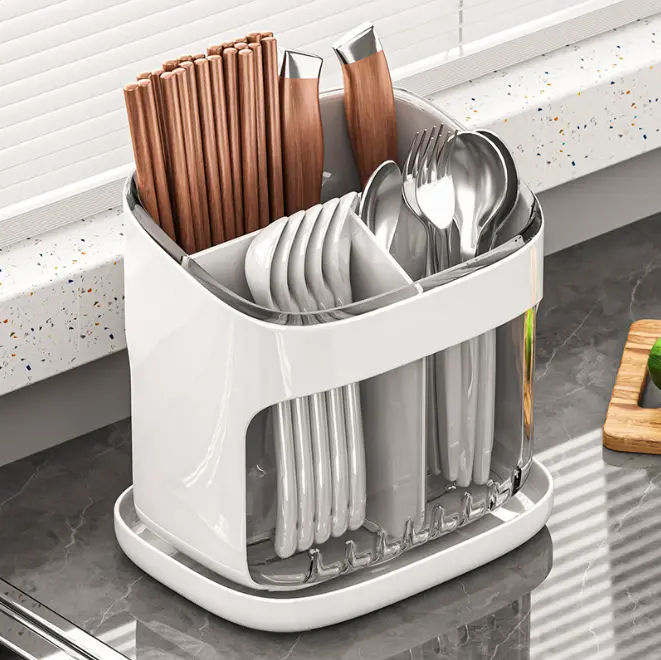 Multi Compartment Utensil Drying Rack with Drainage Tray, Kitchen Cutlery Holder for Knives Chopsticks Spoons Forks