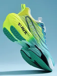 Parent - Child Fluorescent Green Carbon Plate Popcorn Sole Running Shoes, Athletic Shoes, Tech Sports Style, Breathable Mesh Material, Shock Absorption, Comfortable, Ideal for Parent - Child Running & Professional Training