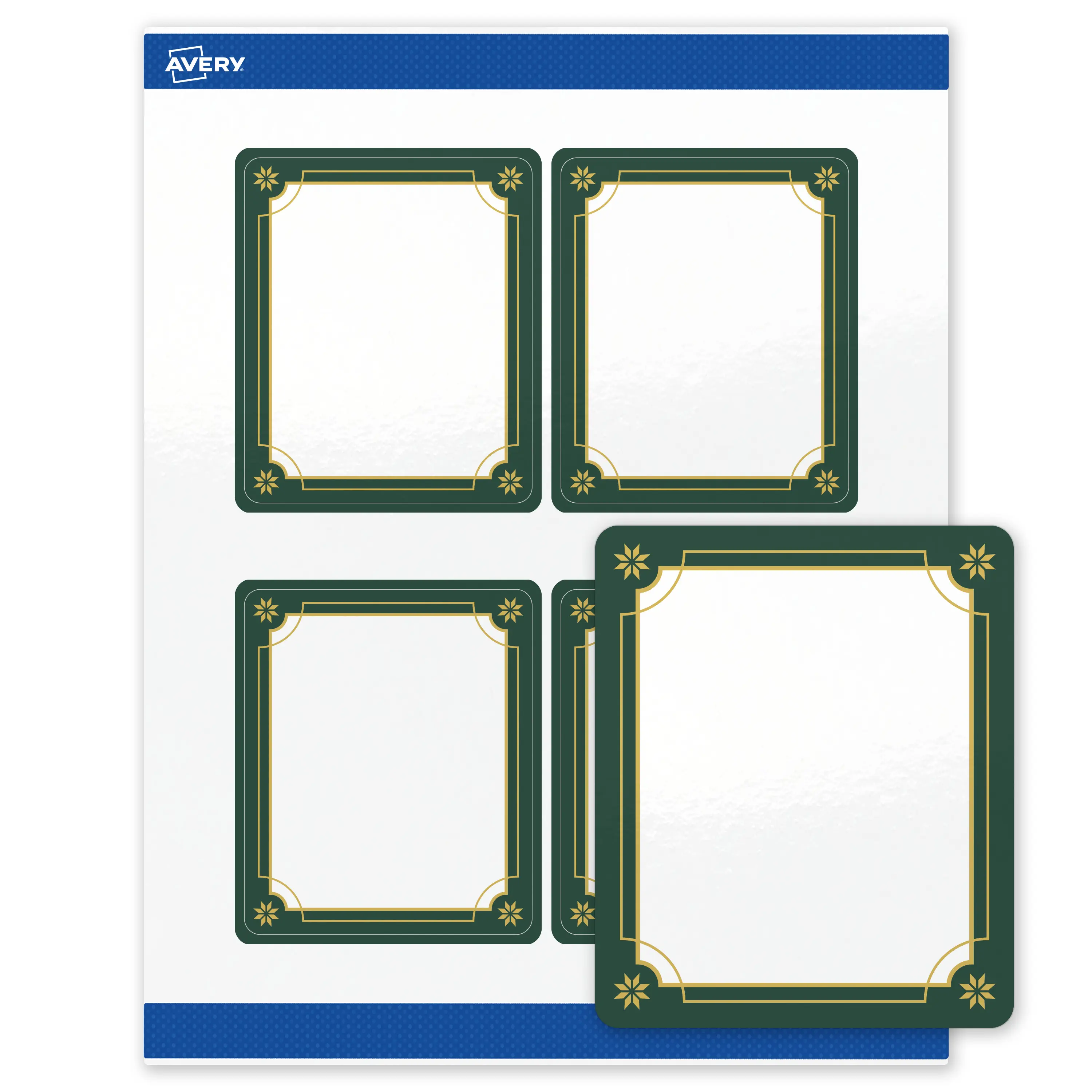 Avery® Printable Christmas Labels with Sure Feed® Technology, Rectangle, 4" x 3-1/3", Pre-Printed Green & Metallic Gold Border Design, Glossy White, Laser & Inkjet Compatible, 40 Total