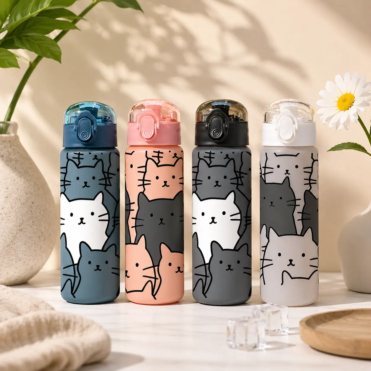 3D Printed Cartoon Cat 780ML Water Bottle – Durable, PVC-Free & Leak-Proof (Matte Finish + Carry Loop) for Holidays