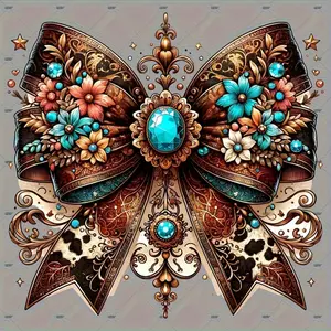 4 Western Cowboy Bows with Turquoise Floral Heat Transfer Stickers, Sizes Large and Small, Vintage Southwest Design, Washable and Durable Vinyl Fabric Patches, Suitable for T-Shirts, Jeans, Bags, Hats, Pillows, DIY Crafts.