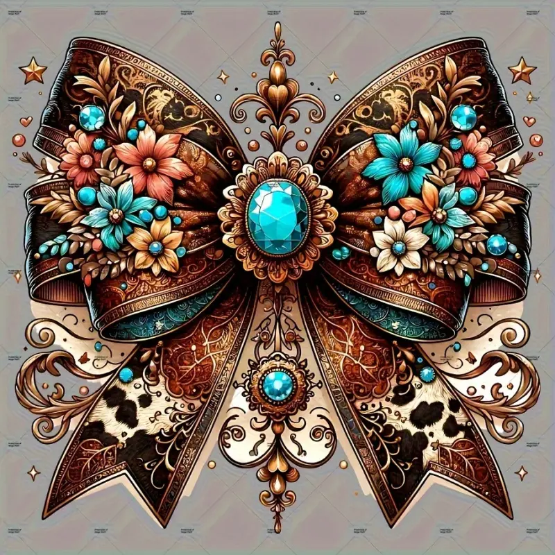 4 Western Cowboy Bows with Turquoise Floral Heat Transfer Stickers, Sizes Large and Small, Vintage Southwest Design, Washable and Durable Vinyl Fabric Patches, Suitable for T-Shirts, Jeans, Bags, Hats, Pillows, DIY Crafts.