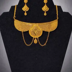 Elegant Gold-Tone Filigree Necklace & Earrings Set with Dangling Charms for Special Occasions