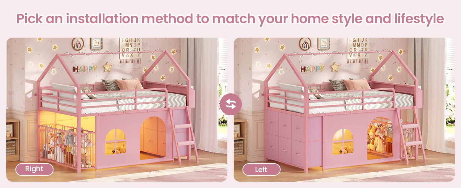 Loft Bed Twin Size with 6 Drawers, LED Lights & Stuffed Animal Storage, Metal House Loft Bed with 13” Safety Guardrail & Inclined Ladder, Twin Low Loft Bed Frame with Play Curtain, Under-Bed Play Space, Pink