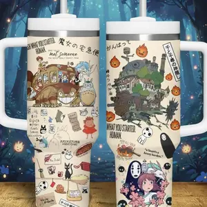 Studio Ghibli 40oz Tumbler with Handle | Totoro, Howl's Moving Castle & Spirited Away Anime Travel Mug with Straw | Perfect Fan Gift Merch Idea