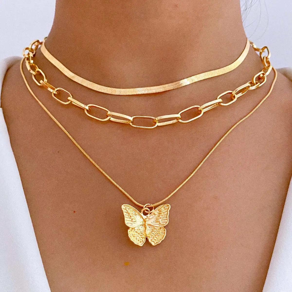 Multi-Layer Butterfly Charms Necklace with Artificial Gemstone, Unisex Chain Link Set for Everyday Wear & Birthday Gifts