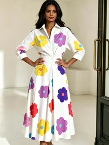 A fashionable, stylish and Elegant lapel lined dress with loose waist and slimming mid length skirt, suitable for commuting and vacation in all seasons, suitable for weekends, cafes, city outings, short trips, spring picnics, art museums