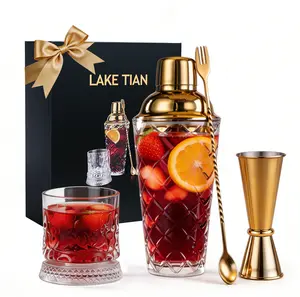 LAKE TIAN 5-Piece Glass Cocktail Shaker Set with Whiskey Rotating Glass, Strainer, Jigger, Mixing Spoon & Muddler, Perfect Home Bar Tool for Margaritas, Martinis & Bar Trolley Decor