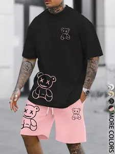Men's Cartoon Bear Print Short Sleeve Crewneck Tee & Shorts Two-piece Set, Regular Fit Casual Round Neck T-shirt & Track Shorts, Summer Outfits Clothes Set for Men