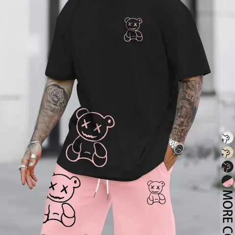 Men's Cartoon Bear Print Short Sleeve Crewneck Tee & Shorts Two-piece Set, Regular Fit Casual Round Neck T-shirt & Track Shorts, Summer Outfits Clothes Set for Men Menswear