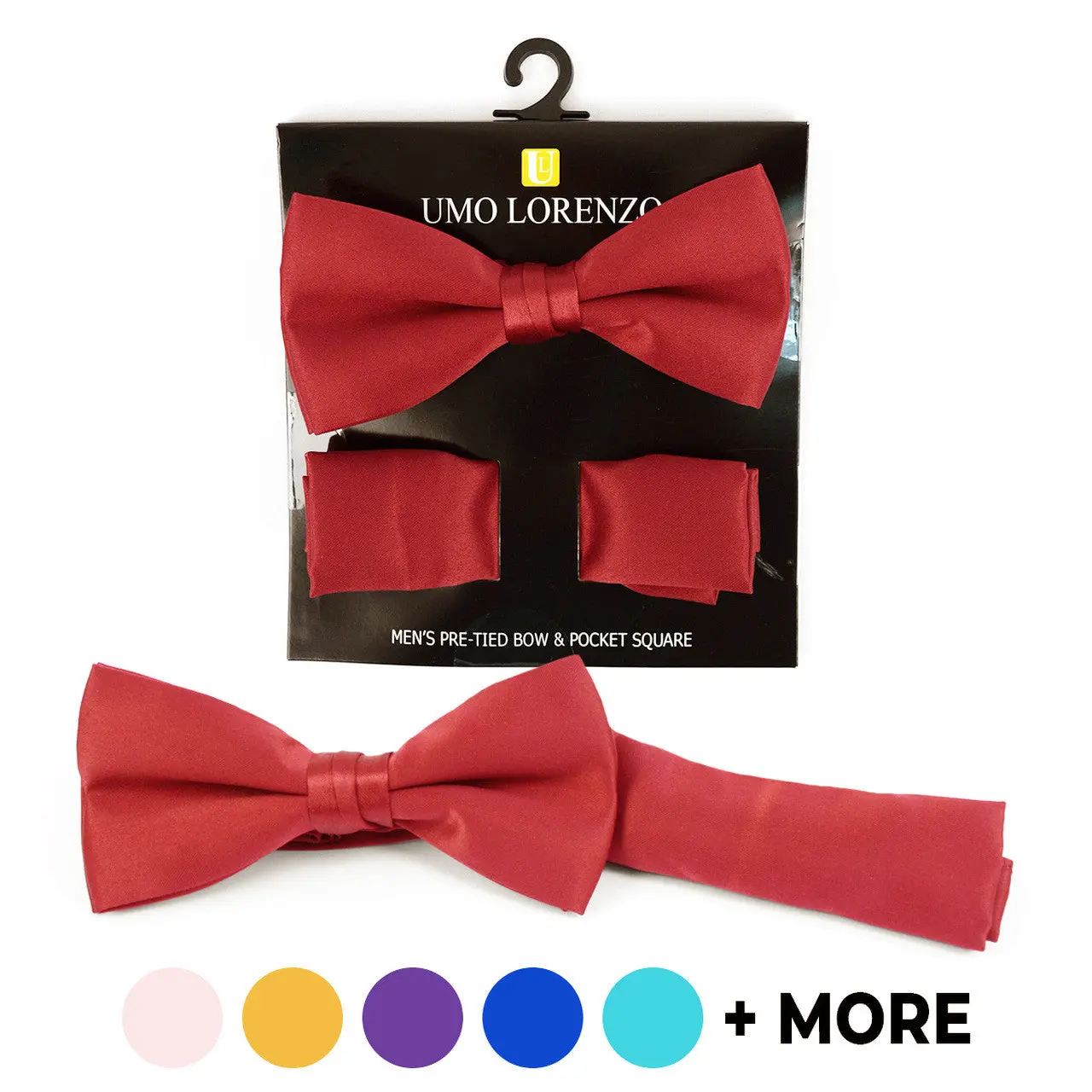 Umo Lorenzo Men's Poly Satin Banded Bow Tie & Hanky Set - Black Bowtie Option, Design Handkerchief, 22 Color Choices for Formal Attire, Male, Bow Decor, Ceremony