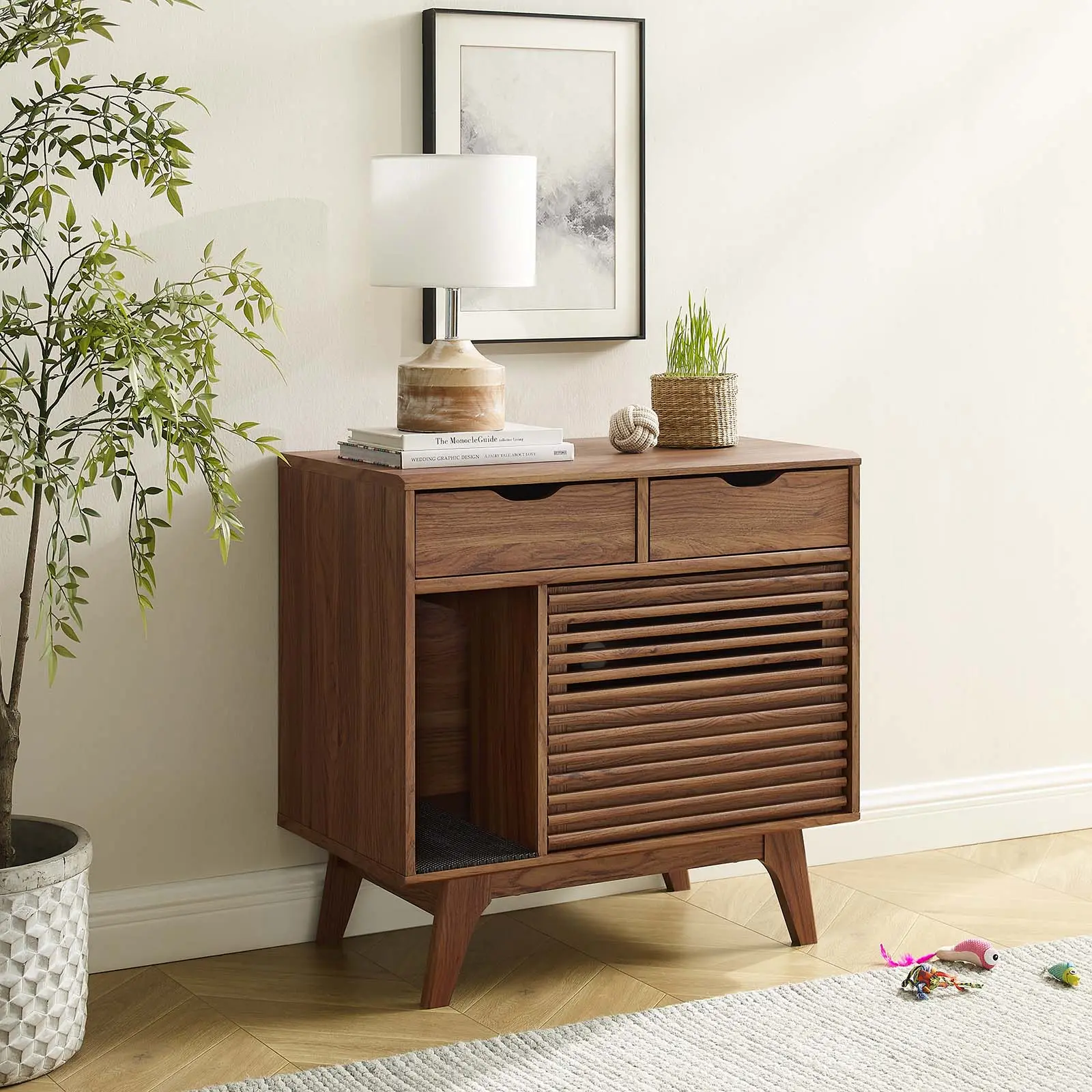 Modway Render Modern Wood Cupboard - Cat Storage Cabinet, Apartment Indoor Furniture, Walnut Finish