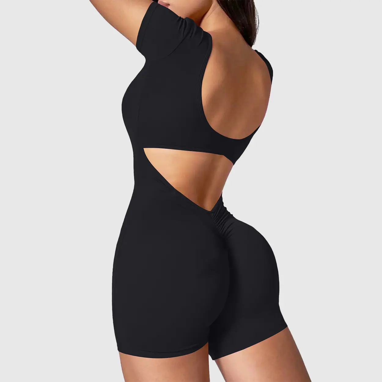 Women's Seamless Ribbed Short-Sleeve Backless Workout Jumpsuit with Boy Shorts - Fitness Outfits, Stylish Activewear for Gym & Outdoor Activities, One Piece, Biker