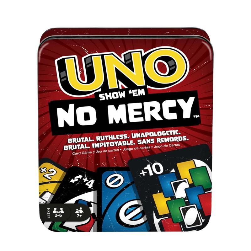 Mattel Games UNO Show ‘em No Mercy Card Game in Storage & Travel Tin for Kids, Adults & Family Night with Extra Cards, Special Rules & Tougher Penalties uno show card games card game