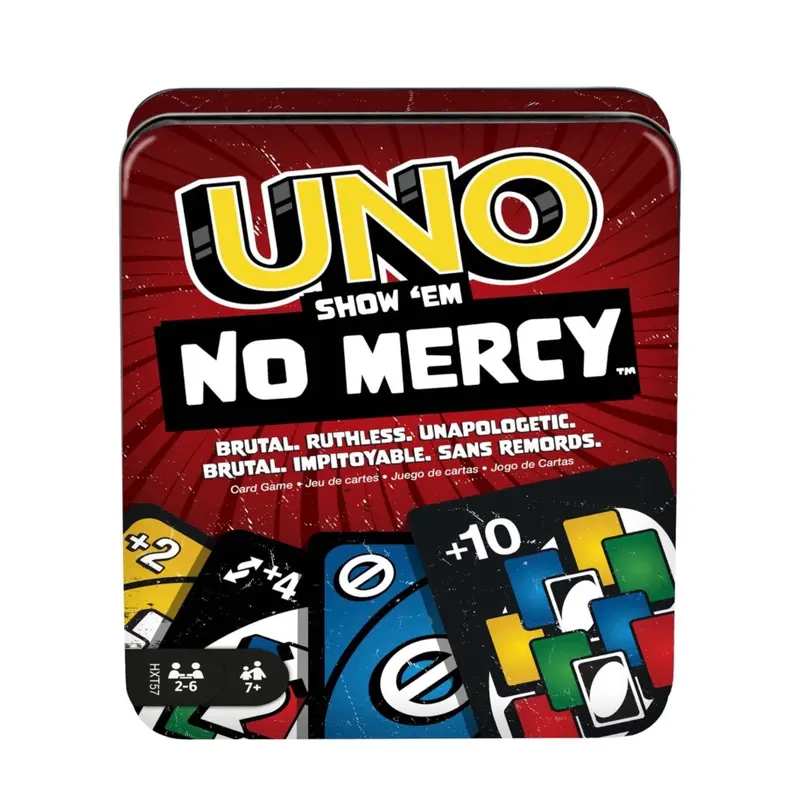 Mattel Games UNO Show ‘em No Mercy Card Game in Storage & Travel Tin for Kids, Adults & Family Night with Extra Cards, Special Rules & Tougher Penalties uno show card games card game
